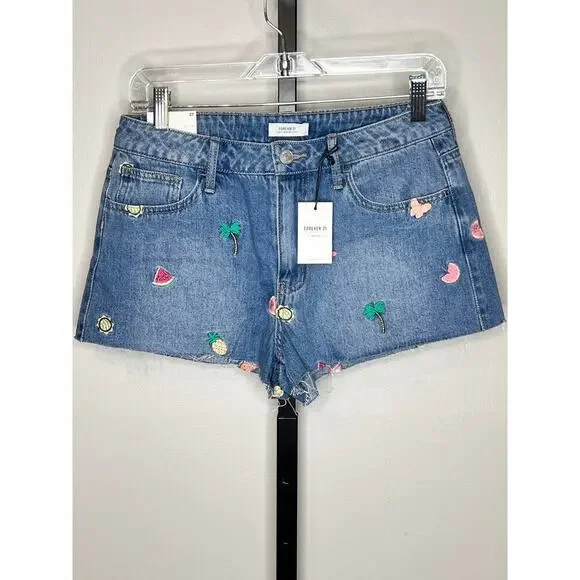 ☀️Forever 21 Tropical Fruit Palm Tree Embroidered Cut Off Mid Rise Jean Shorts - Picture 2 of 9